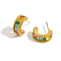 Pendientes de aro en C de acero inoxidable bañados en oro de 18K con circones arcoíris - Pendientes de Botón Pequeños en Forma de C con Circonita Arcoíris - Dorado Colorido