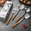 Juego de utensilios de cocina de acero inoxidable pulido con mangos de madera - Espátula+Cucharón+Espátula para Freír+Espumadera (Caja de Color)