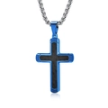 Blue stainless steel cross pendant with black carbon fiber inlay and silver chain - Blue Color Pendant Only