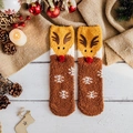 Plush Christmas coral fleece reindeer socks in caramel and yellow warm winter theme - One Size / Coffee Snowflake Reindeer