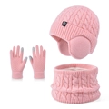Kids warm winter set with pink knitted earflap hat, circle scarf and touchscreen gloves - 3-Piece Set - Solid Pink