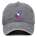 Detailed close-up of colorful beverage bottle embroidery on washed grey cotton baseball cap - Gray