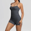 Detailed view of dark grey yoga set with spaghetti strap tank top and high waist shorts - Graphite Grey