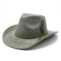 Grey faux suede cowboy hat with olive green band and spotted feather decoration - M (56-59cm) / Army Green
