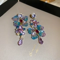 Detail of bohemian asymmetric floral earrings with blue petals and pink crystal drops - 28# Colorful Mosaic Style (Silver Earring Post) / Purple