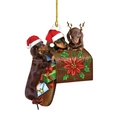 Christmas dachshund ornament with three brown dogs, Santa hats, and festive florals - Envelope Styles