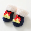 Winter newborn baby socks in dark blue coral fleece with white fur and cute bell decor - S (0-1 Year Old) / Navy Blue Small Bell