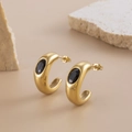 French vintage C-shaped gold-plated stainless steel earrings with black gemstone - Black Zirconia Style (ER-103)