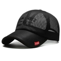 Men's breathable black mesh baseball cap with red brand label and adjustable fit - Black