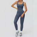 Mouwloze grijsblauwe eendelige yoga jumpsuit met V-taille en matte hoog elastische stof - L / Marineblauw