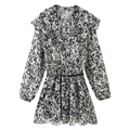 Abito corto da donna a fiori bianco e nero con scollo a V, volant e cintura in vita - XS / Nero