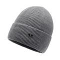 Dark grey ribbed knit beanie with ear protection and minimalist oval metal logo - One Size / Light Gray