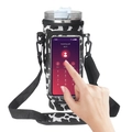Cow print water bottle pouch with clear touch screen phone pocket and carry strap - Plastic Buckle / Cow Print