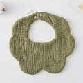 Grass green flower-shaped cotton gauze baby bib with petal edges and white snap button - Gauze Flower Scarf - Olive Green