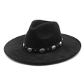 Black wide brim suede fedora hat with bohemian leather band and silver metal studs - M (56-59cm) / Black