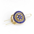 Vintage golden hair stick with turquoise flower design and double fork pins on white background - Blue Rhinestone Antique Gold