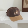 Detail of vintage washed baseball cap with bear embroidery and contrast stitching - VC Bear / Dark Coffee & Khaki