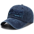 Berretto da baseball in denim blu lavato con ricamo New York City 75 e visiera curva - Blu Notte