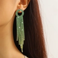 Close-up of long green rhinestone tassel earrings showing intricate drapes and shimmer - Green and Yellow Gradient (KE023G-Y)