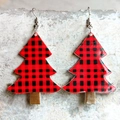 Detail of Christmas tree earrings with red and black buffalo plaid pattern and gold hooks - Red & Black Plaid Christmas Tree