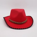 Vibrant red western cowboy hat with black wavy brim and ethnic beaded band detail - Red Black Edge With Brown Wood Beads