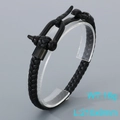 Men's black braided leather bracelet featuring a matte black horseshoe shackle clasp - Style A Black (KB205366-JR)