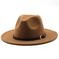 Detailed macro view of wool fedora hat with black leather strap and gold metal buckle - M (56-58cm) / Khaki