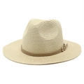 Cappello fedora di paglia bianco sporco per uomo e donna con fascia in pelle marrone - M(56-58cm) / Beige