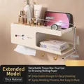 Wall-mounted cream tissue box holder with storage shelf for toilet paper and phone - Extended Left-facing - Creamy White - Dual Use