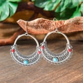 Detailed view of Bohemian drop earrings with blue and red beads on antique silver finish - Large Ring Half Moon (HQEF-1296)