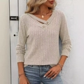 Women's V-neck long sleeve knit top in oatmeal beige with button detail - S / Khaki