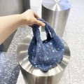 Chic blue rhinestone bucket handbag with sparkling crystal finish and top handle - Blue