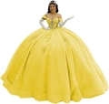 Bright yellow off-shoulder Quinceañera ball gown with sequins and floral embroidery - Yellow with Train
