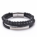 Multilayer men's bracelet with black lava stone, braided leather, and magnetic metal clasp - Lava Stone Bracelet