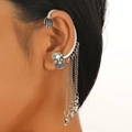 Detail of gothic skeleton hand ear cuff with silver fringe tassel on female model - Skull Tassel Ear Bone Clip (DZ-435-45) / Antique Silver