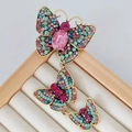 Vintage golden butterfly brooch with pink crystal and colorful rhinestone inlay - Triple Butterfly Drop-Colorful