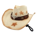 Detailed view of beige straw cowboy hat with star pattern and bull head leather band - M(56-58cm) / Beige
