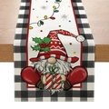 Linen Christmas table runner with gnome and buffalo check pattern on wood surface - 33cmx180cm / Christmas Gnome Gift (ZQ17-5)