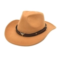 Detail of camel wool cowboy hat featuring a leather band and metal bull head skull accessory - M (56-58cm) / Camel
