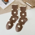 Brown polka dot crew socks with delicate white lace trim in a vintage aesthetic - One Size / Coffee