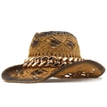 Hollow straw cowboy hat with gold chain and gradient brown finish on white background - M (56-58cm) / Khaki (JXS-5321)