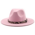 Detailed view of pink wool fedora hat with zebra pattern strap and silver metal buckle - M (56-58cm) / Pink