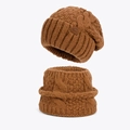 Caramel brown cable-knit winter beanie hat and neck warmer set with leather sport patch - Caramel