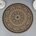 Set de table rond en jute avec motif tribal géométrique noir et texture tissée - 38cm / Sans Franges Motif Noir 3