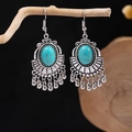 Vintage silver hollow earrings with turquoise stone and ethnic tassel bead charms - E5775-1/Retro Turquoise Green Small Bead Drop