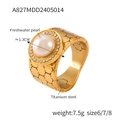 Bague large en acier titane doré avec perle d'eau douce de 1,3 cm et zircons blancs - US 6 / Style perle d'eau douce / A827-Bague en Or
