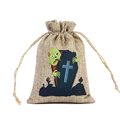 Halloween burlap drawstring bag featuring cartoon zombie and coffin print design - Little Zombie