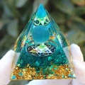 Blue and gold orgone pyramid with crystal ball, hexagram symbol and gold foil - Blue Cat Eye Glaze / Small