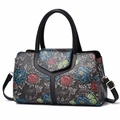 Detail view of floral print Boston bag with vintage grey texture and top handles - Dark Grey Blue Red Floral Style 3
