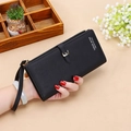 Classic black leather long wallet for women with zipper closure and wrist strap - Black